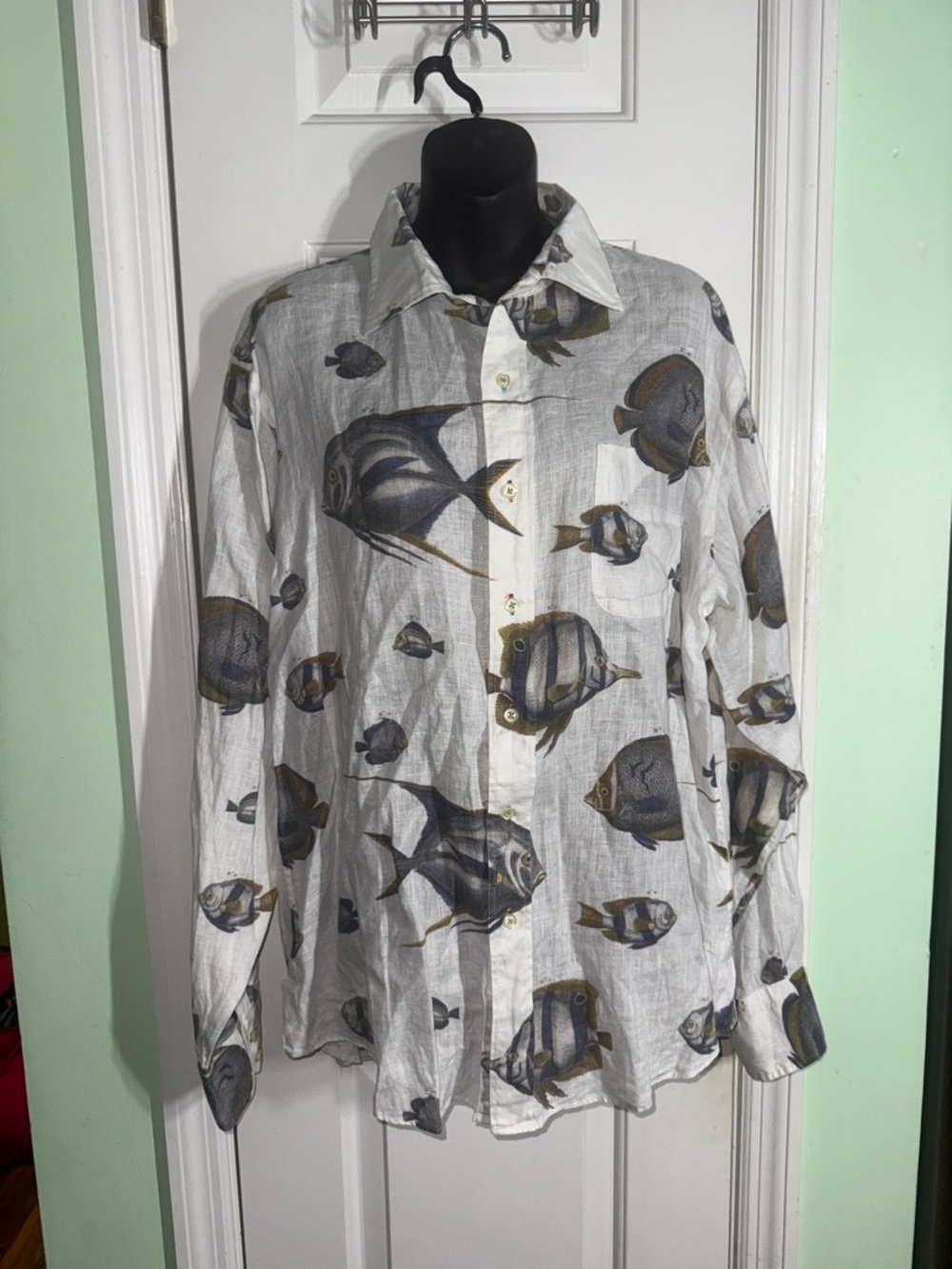 Alexander Julian White Linen Button-Up Shirt w Blue & Brown Fish Print Size XL